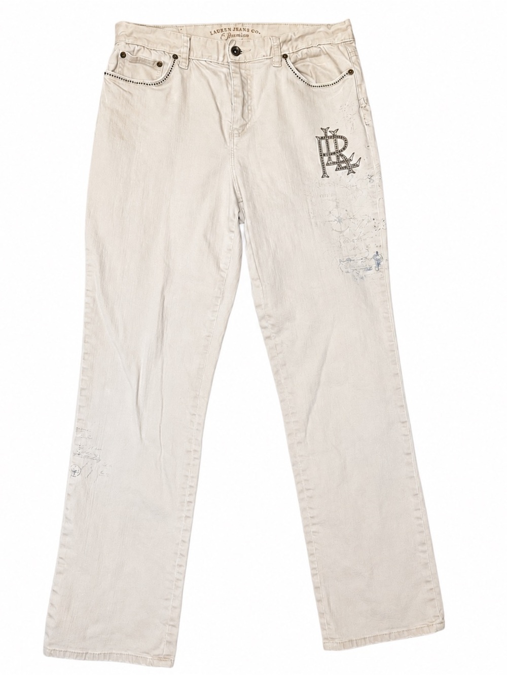 Lauren Jeans Co Premium Jeans Womens 10 Tan Embellished Beaded Straight Leg Y2K